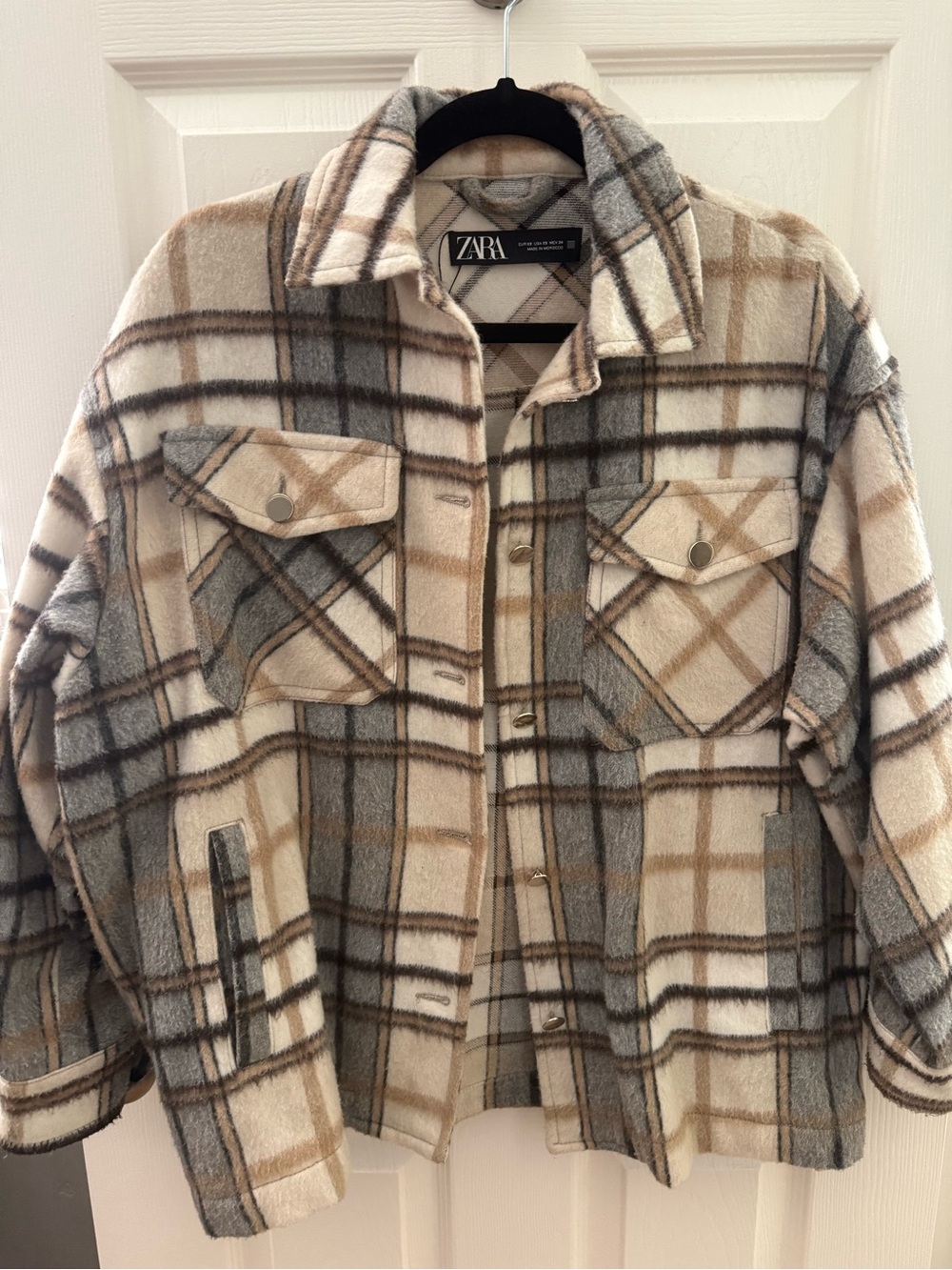 Zara Neutral Plaid Fleece Shacket in Beige and Gray